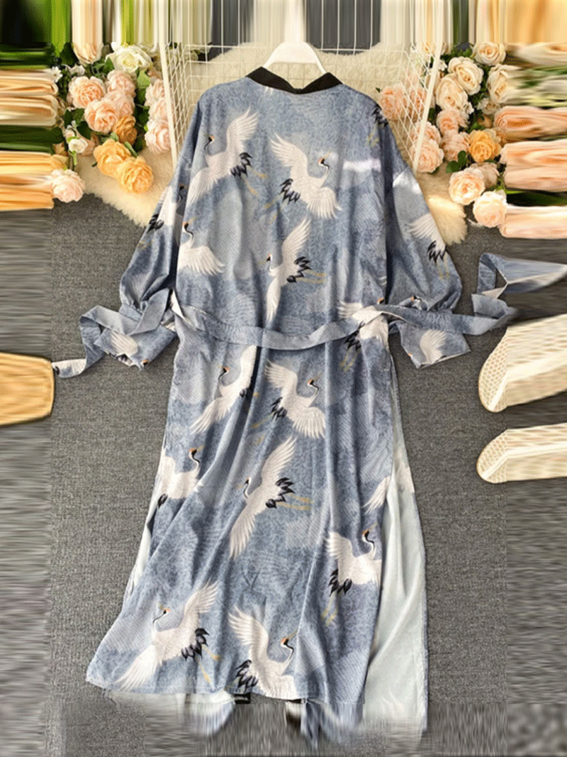 Work of Art Print Blue Color Polyester Long Length Gown Kimono Duster Robe - Fashionpara