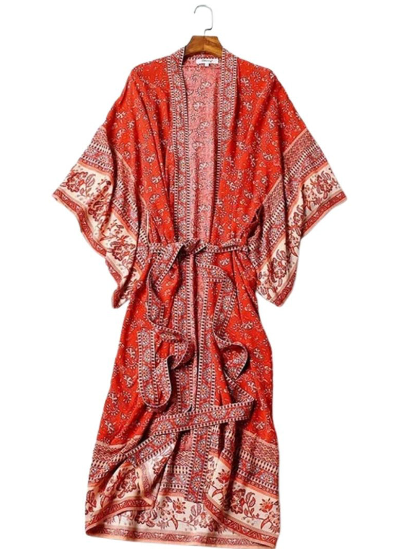 Bride To Be Floral Print Red Cotton Viscose Long Length Gown Kimono - Fashionpara