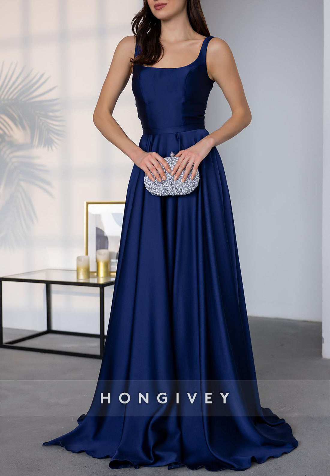 Simple Crisscross Back A-line Wedding Guest Dresses Square Regular Straps Pleated Evening Gown