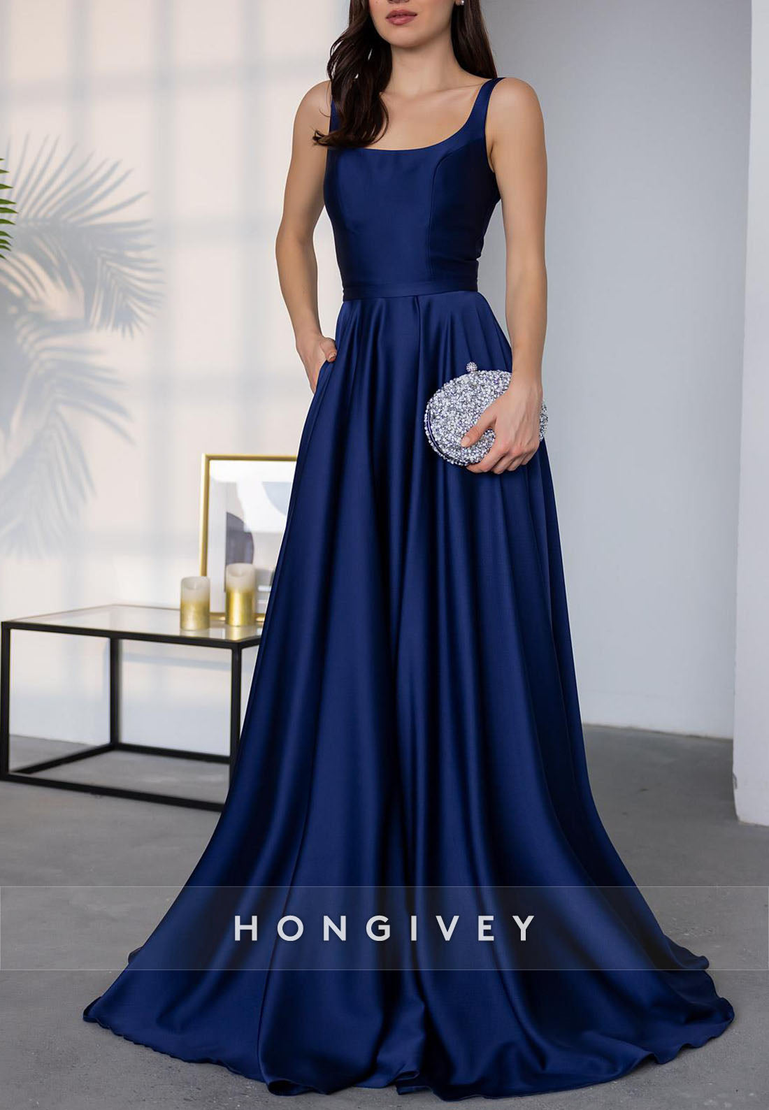 Simple Crisscross Back A-line Wedding Guest Dresses Square Regular Straps Pleated Evening Gown