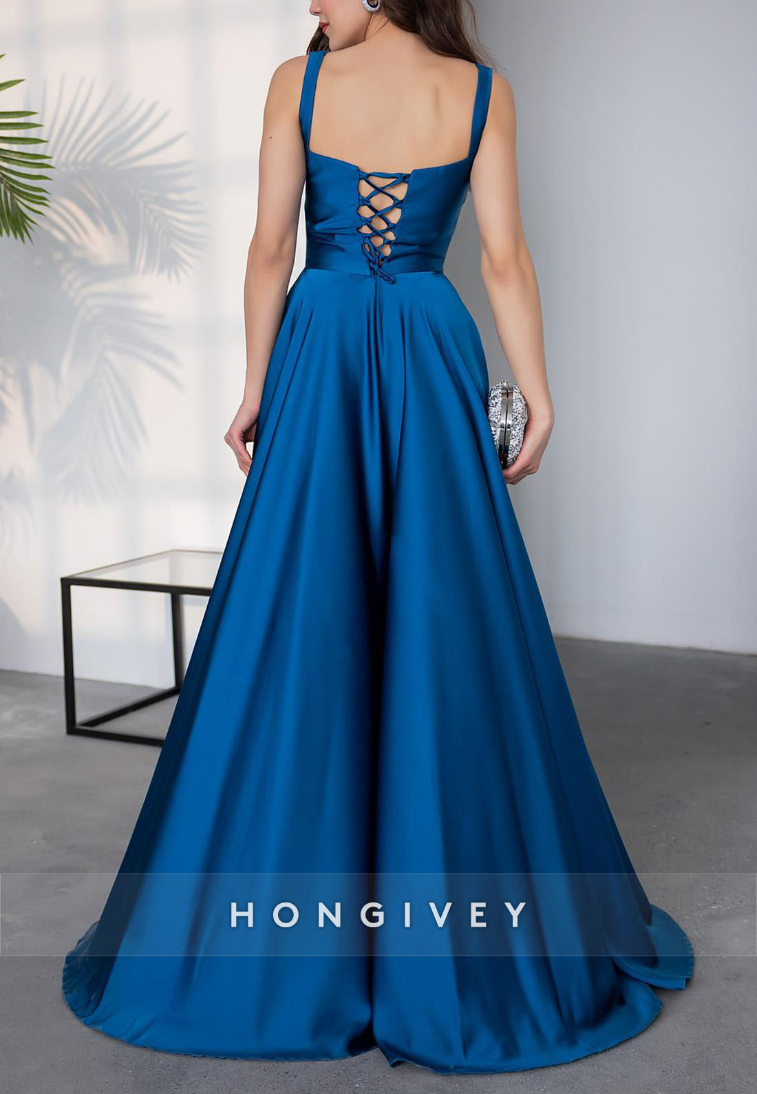 Simple Crisscross Back A-line Wedding Guest Dresses Square Regular Straps Pleated Evening Gown