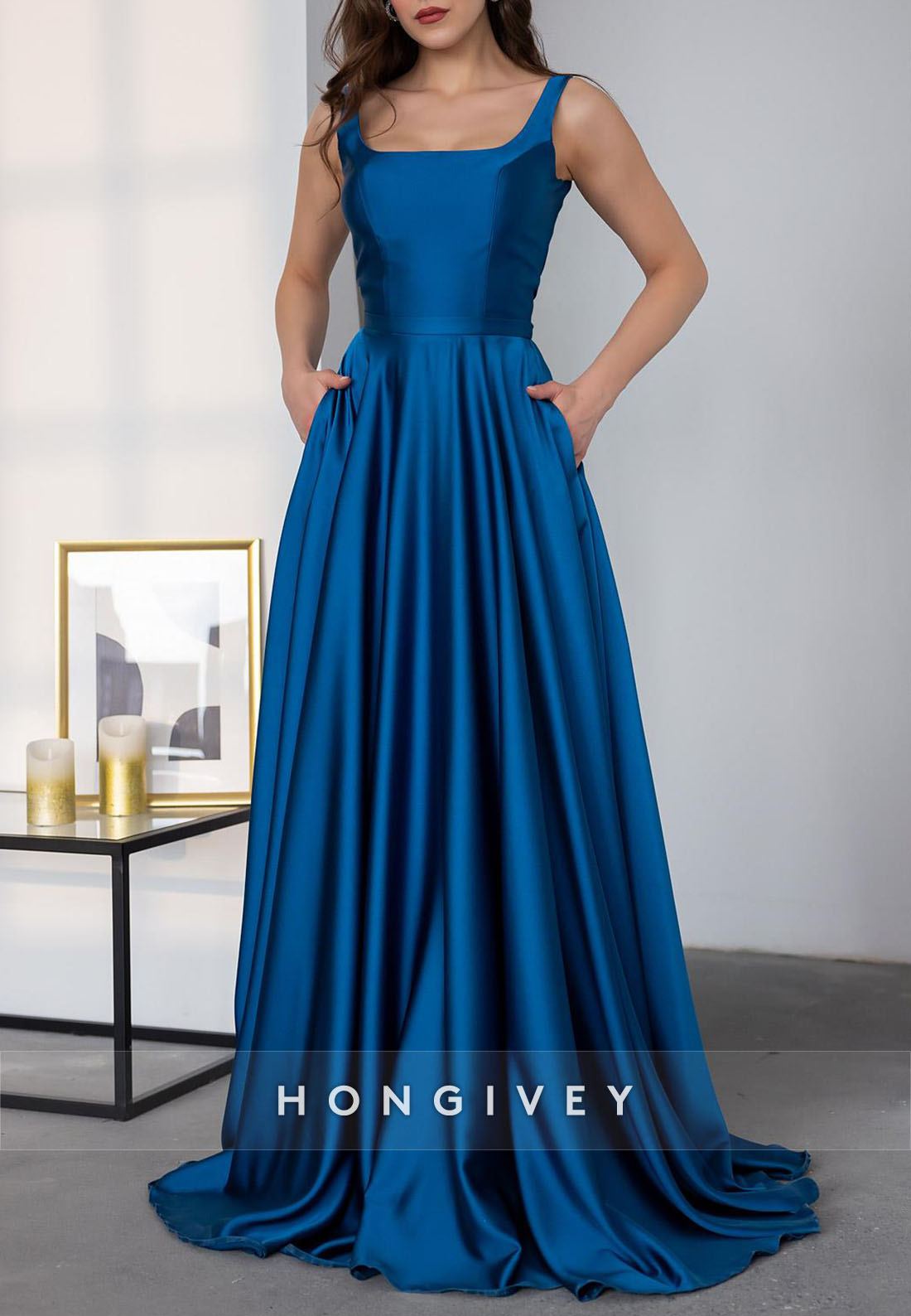 Simple Crisscross Back A-line Wedding Guest Dresses Square Regular Straps Pleated Evening Gown