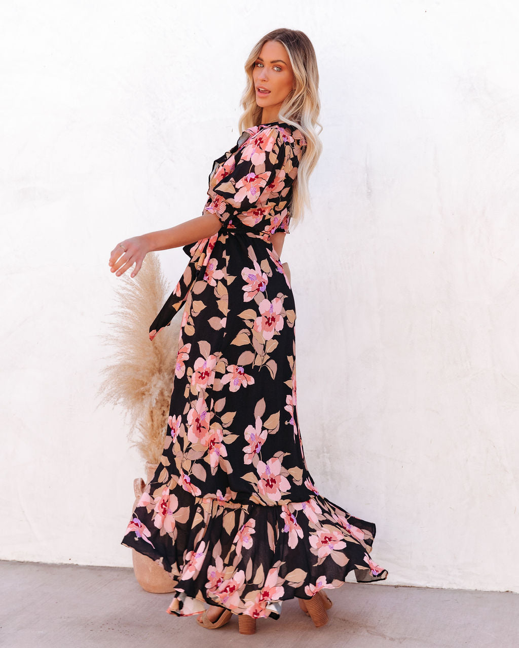 Floral Print V-Neck Puff Sleeve Ruffle Wrap Maxi Dress