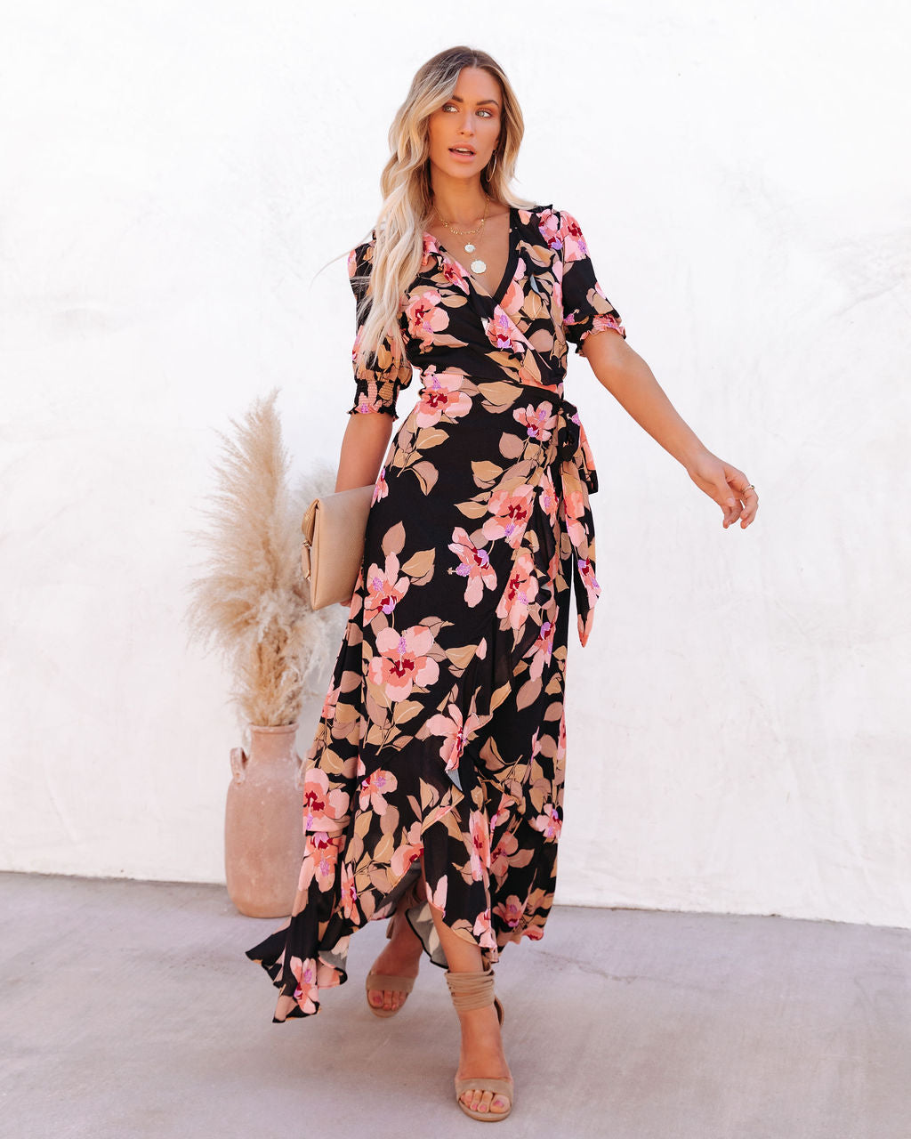 Floral Print V-Neck Puff Sleeve Ruffle Wrap Maxi Dress