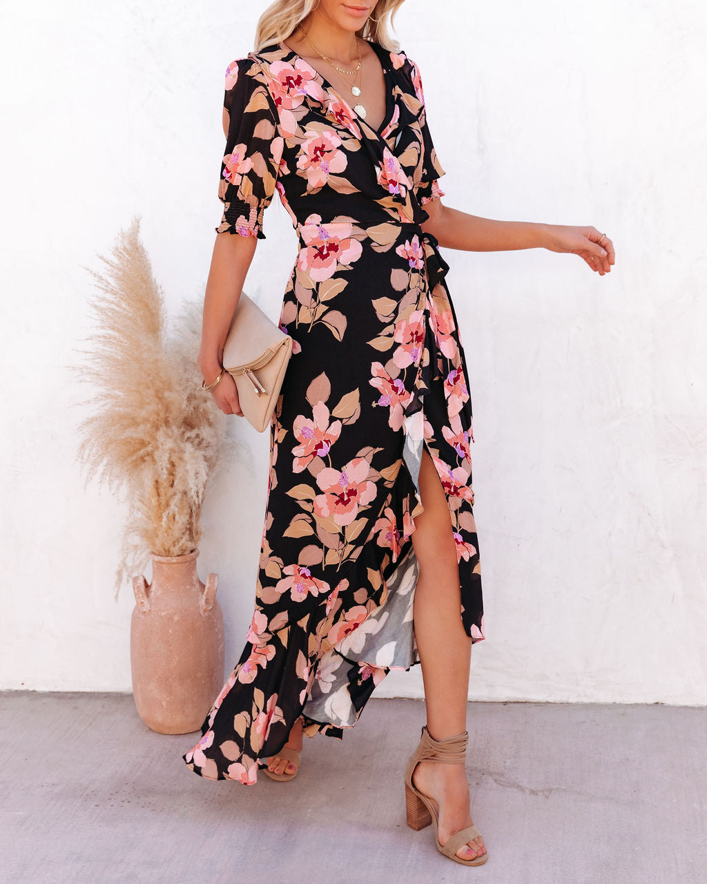 Floral Print V-Neck Puff Sleeve Ruffle Wrap Maxi Dress