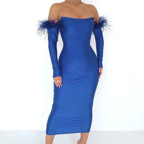 KittenAlarm - Katherine Long Sleeve Feather Off Shoulder Midi Dress