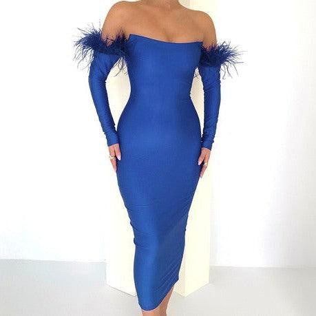 KittenAlarm - Katherine Long Sleeve Feather Off Shoulder Midi Dress