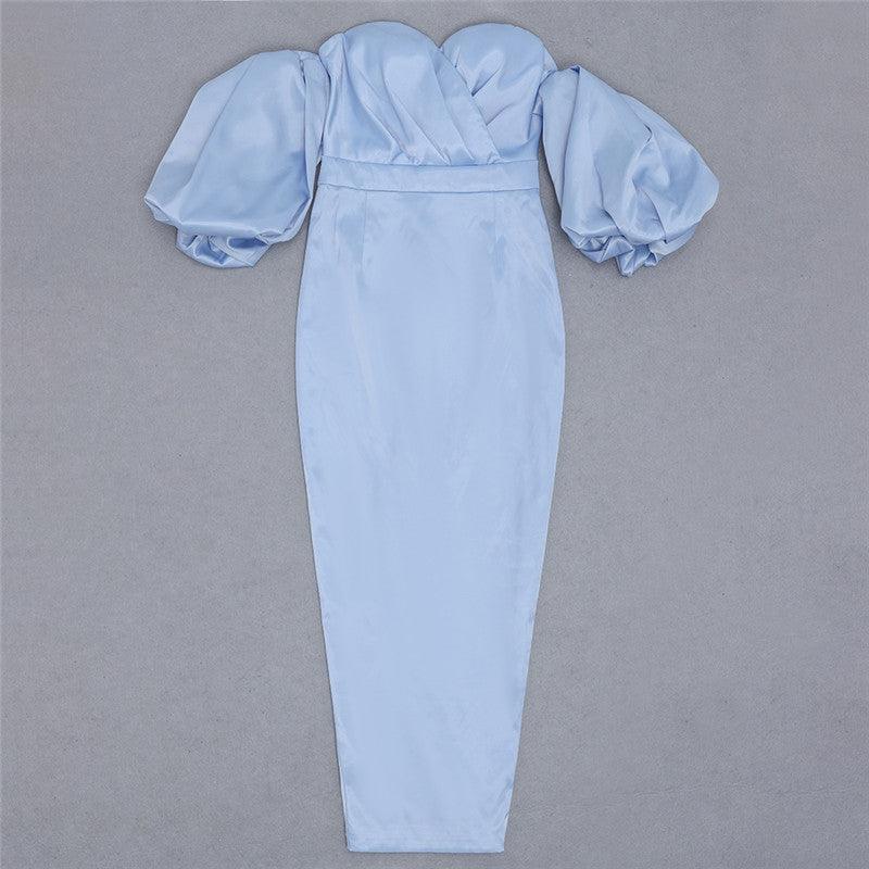 KittenAlarm - Katherine Off Shoulder Puff Sleeves Satin Maxi Dress