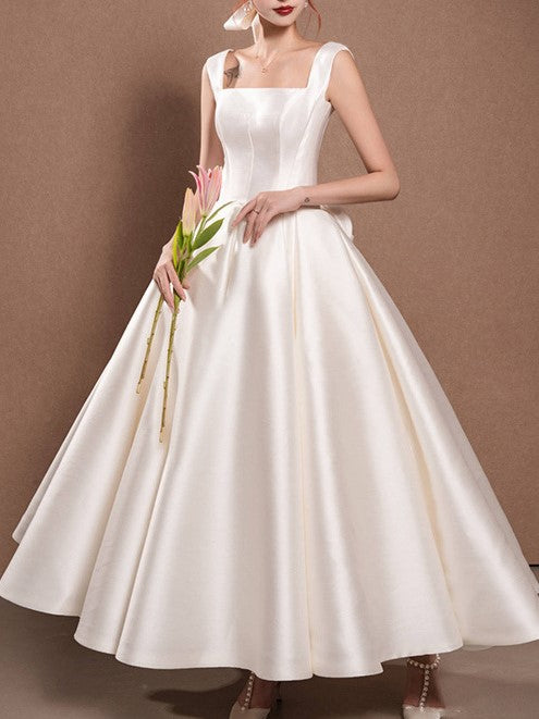 Satin Square Neck Sleeveless A-Line Tea-Length Dress