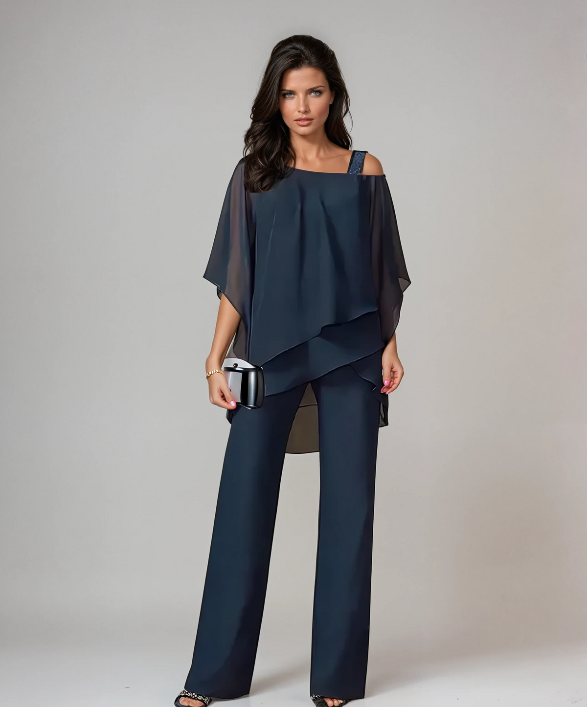 Off Shoulder Chiffon Overlay Top and Pants Two Piece Set 4