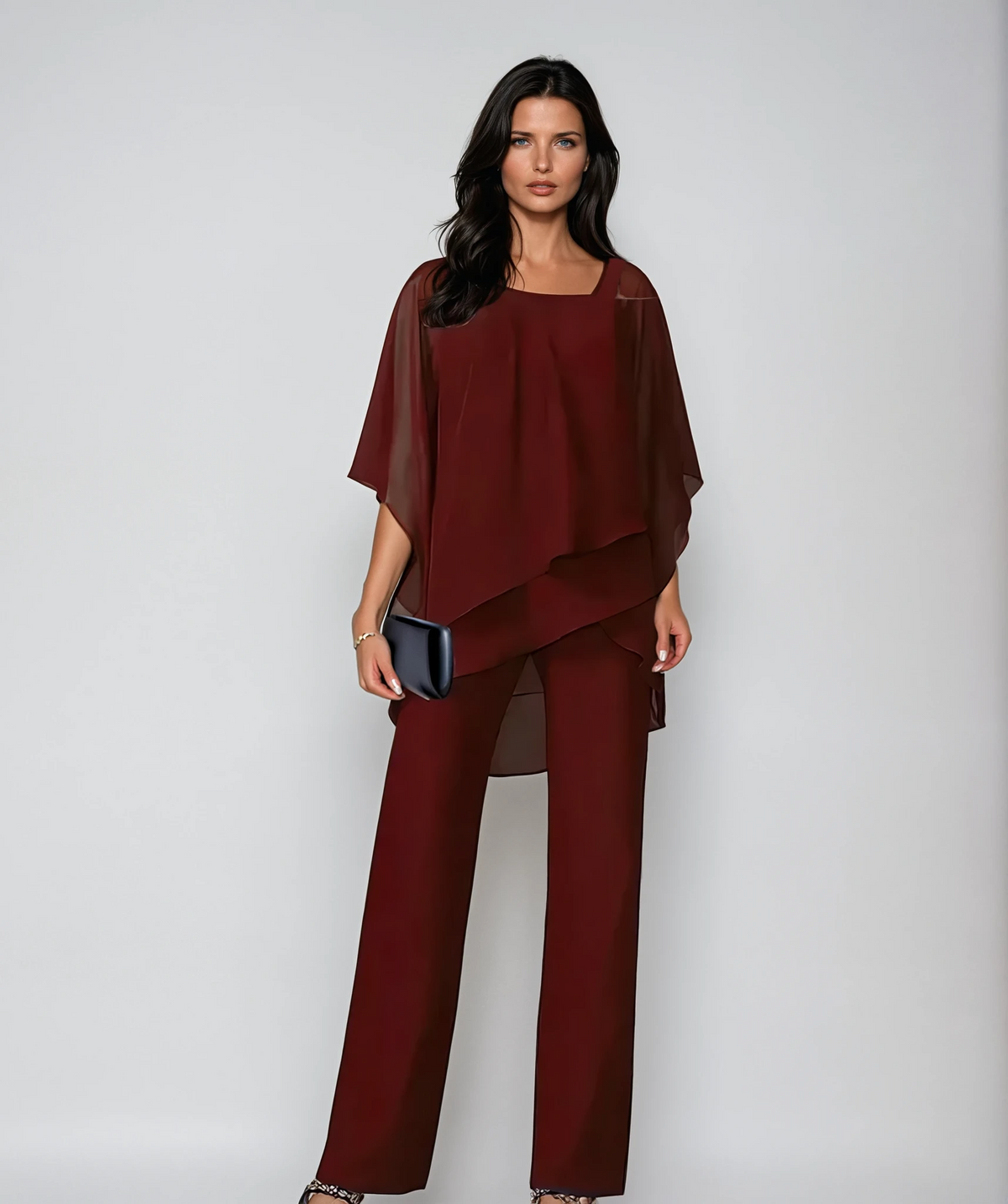Off Shoulder Chiffon Overlay Top and Pants Two Piece Set 5