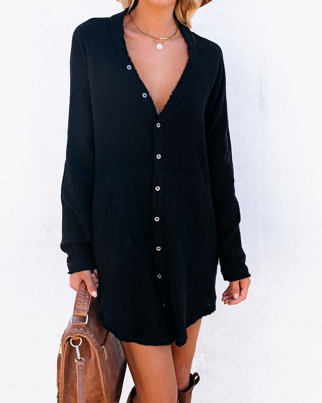 Gauze Button Front V-Neck Long Sleeve Shirt Dress