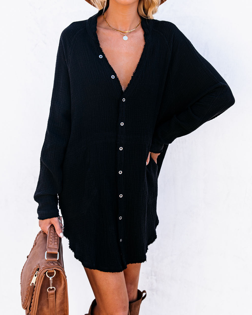 Gauze Button Front V-Neck Long Sleeve Shirt Dress