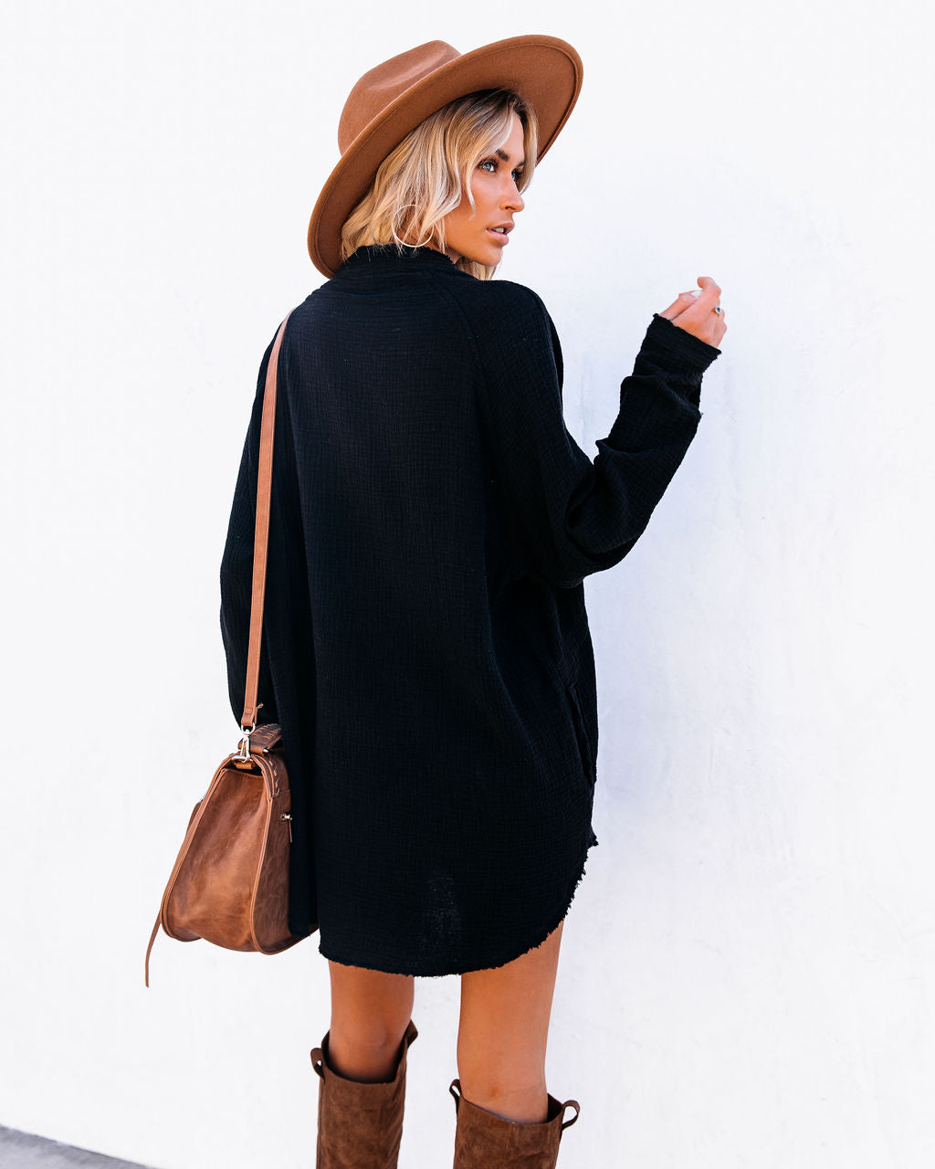 Gauze Button Front V-Neck Long Sleeve Shirt Dress