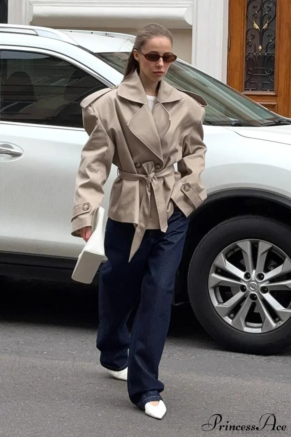 Khaki Long Sleeve Trench Coat with Tie Waist for Elegance