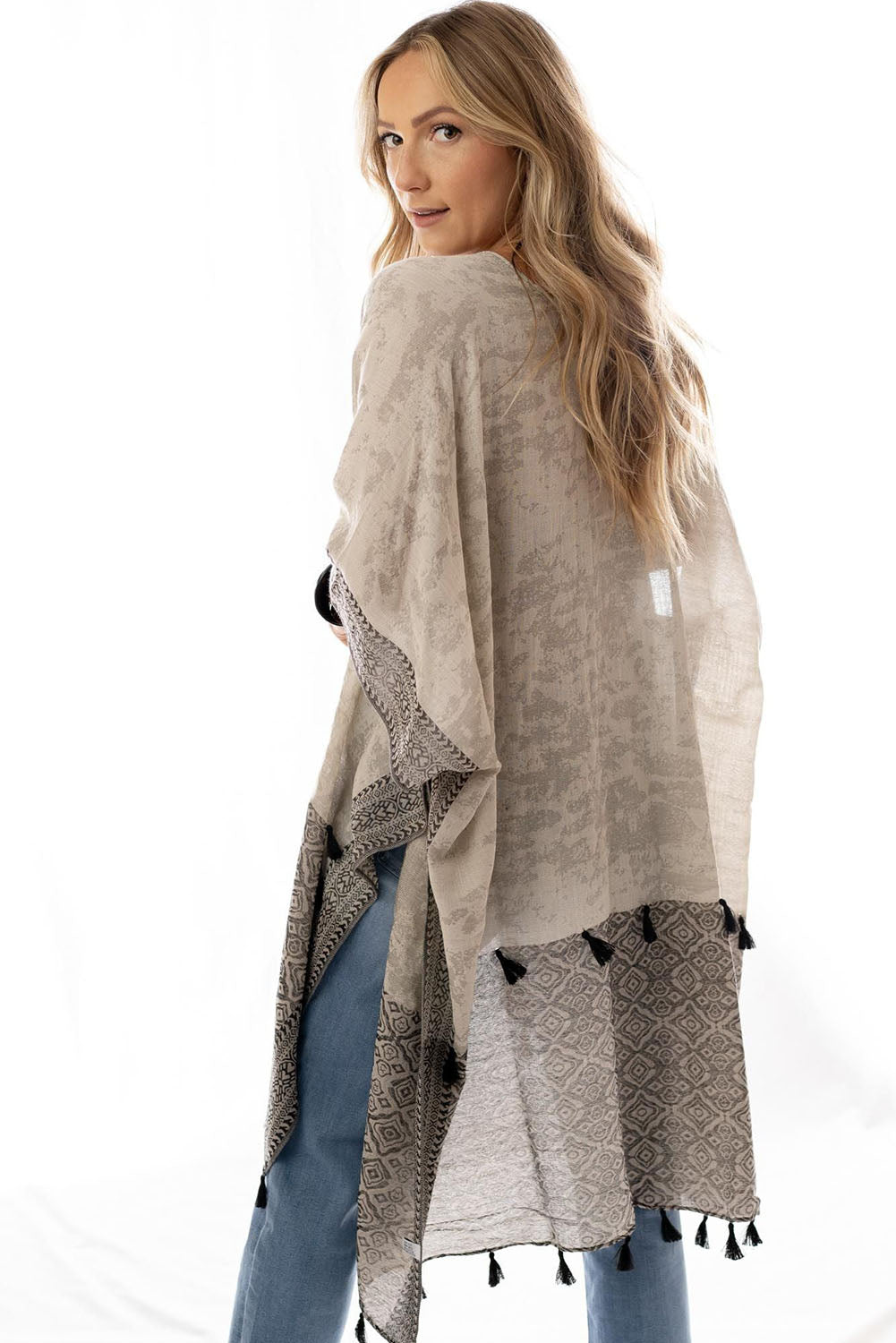 Khaki Printed Border Tassel Trim Slit Kimono