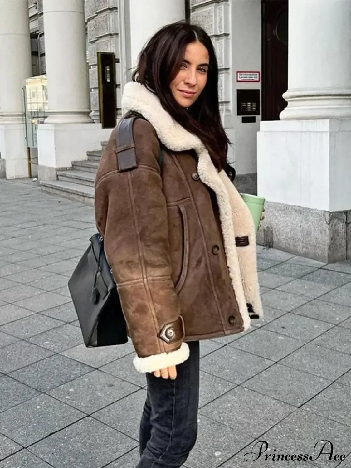 Khaki Single Breasted Leather Coat