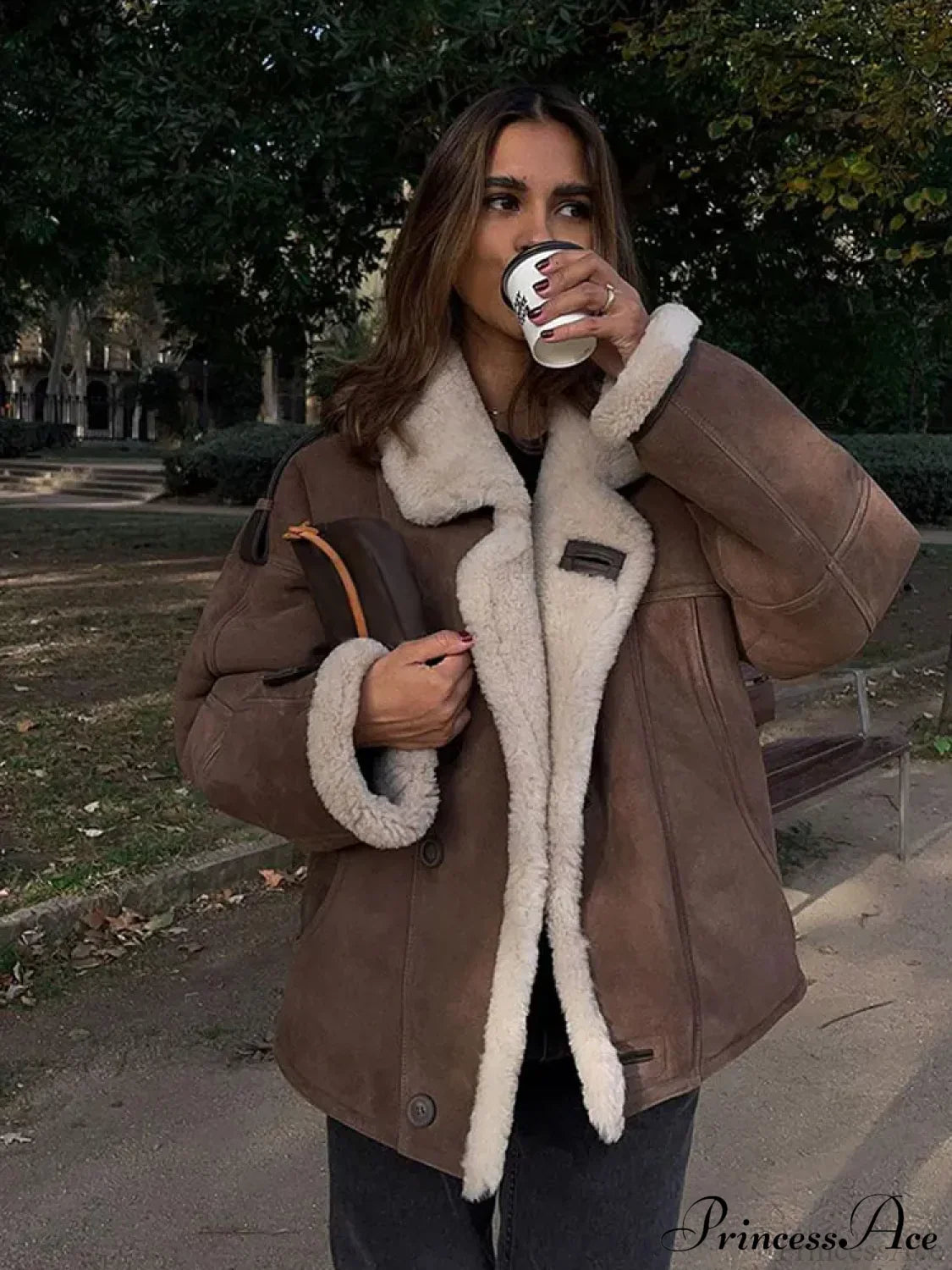 Khaki Single Breasted Leather Coat