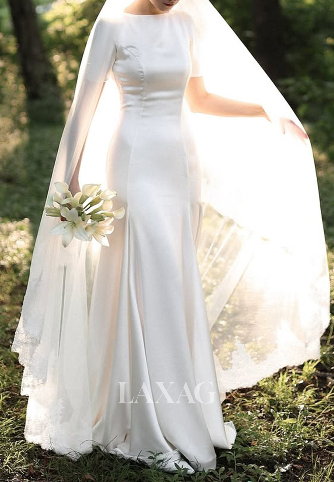 Scoop-Neck Short-Sleeves Mermaid Wedding Dress Simple Floor-Length Satin Bride Gowns