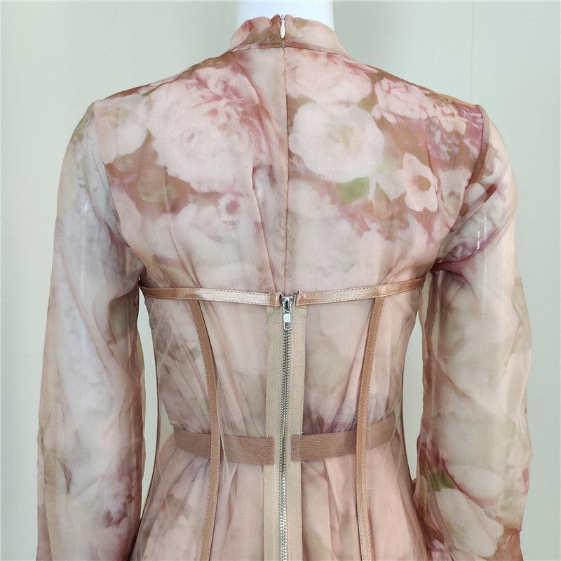 Floral High Neck Long Sleeve Corset Mini Dress