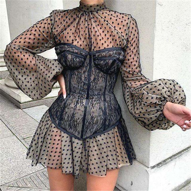 Floral High Neck Long Sleeve Corset Mini Dress