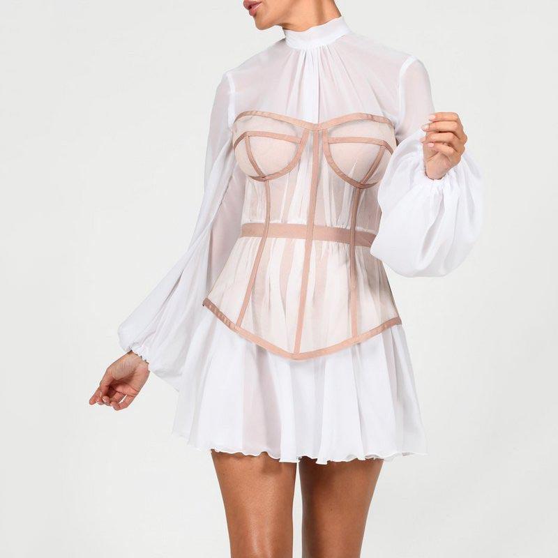 Floral High Neck Long Sleeve Corset Mini Dress