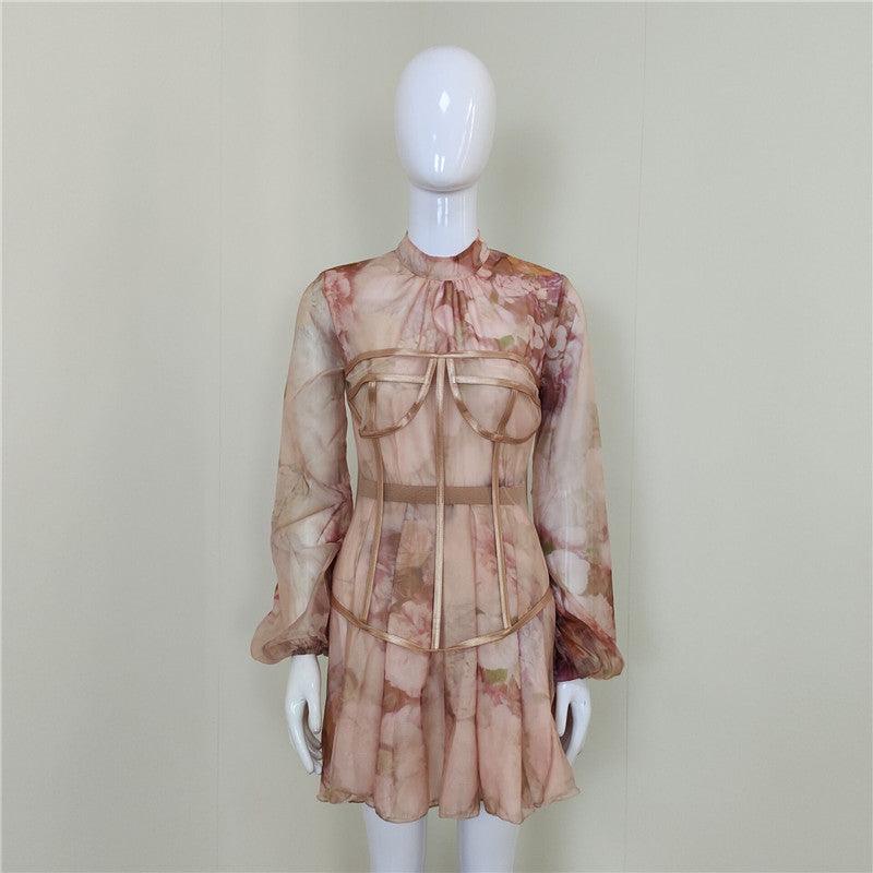 Floral High Neck Long Sleeve Corset Mini Dress