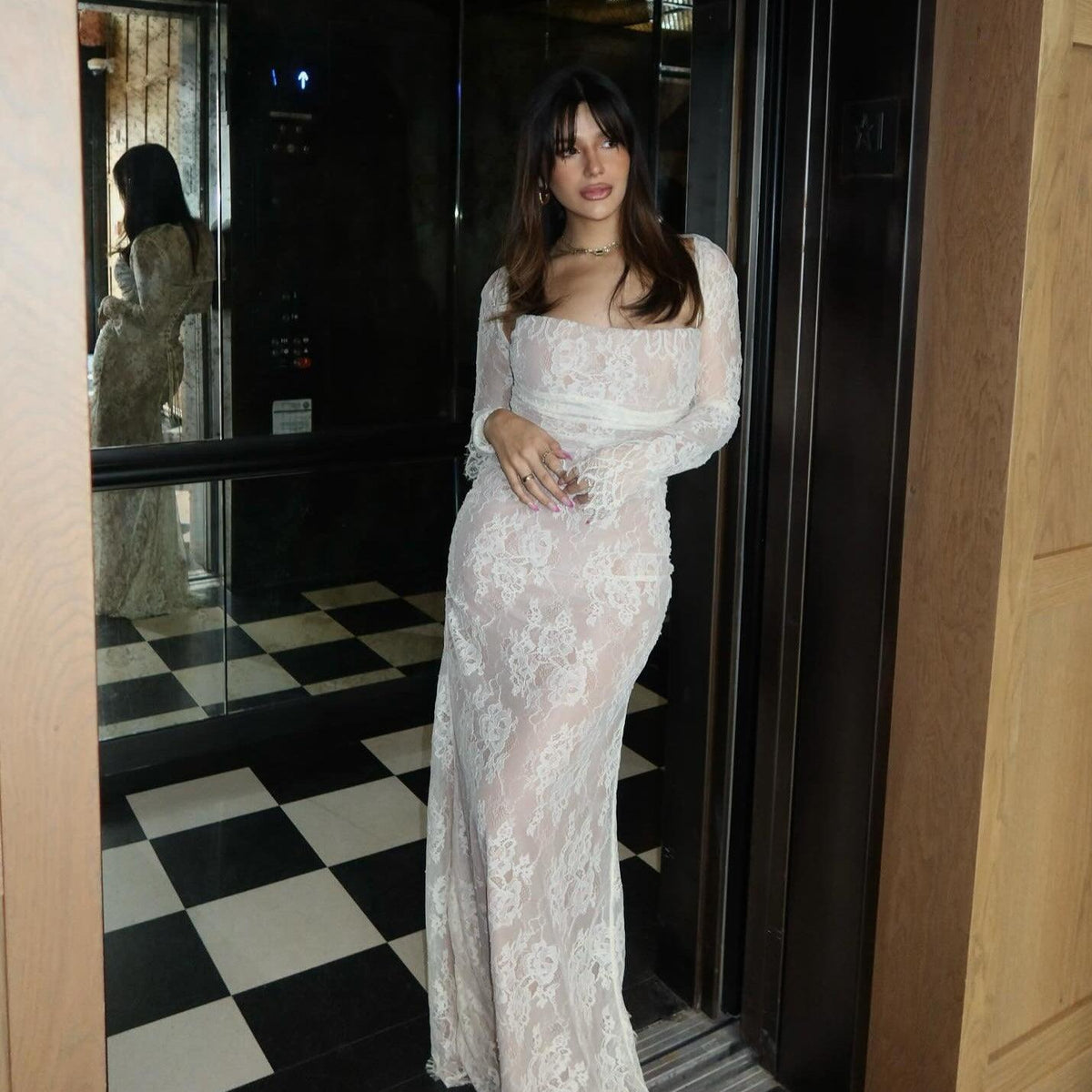 Vintage Lace Strappy Long-Sleeve Ruched Maxi Dress 6