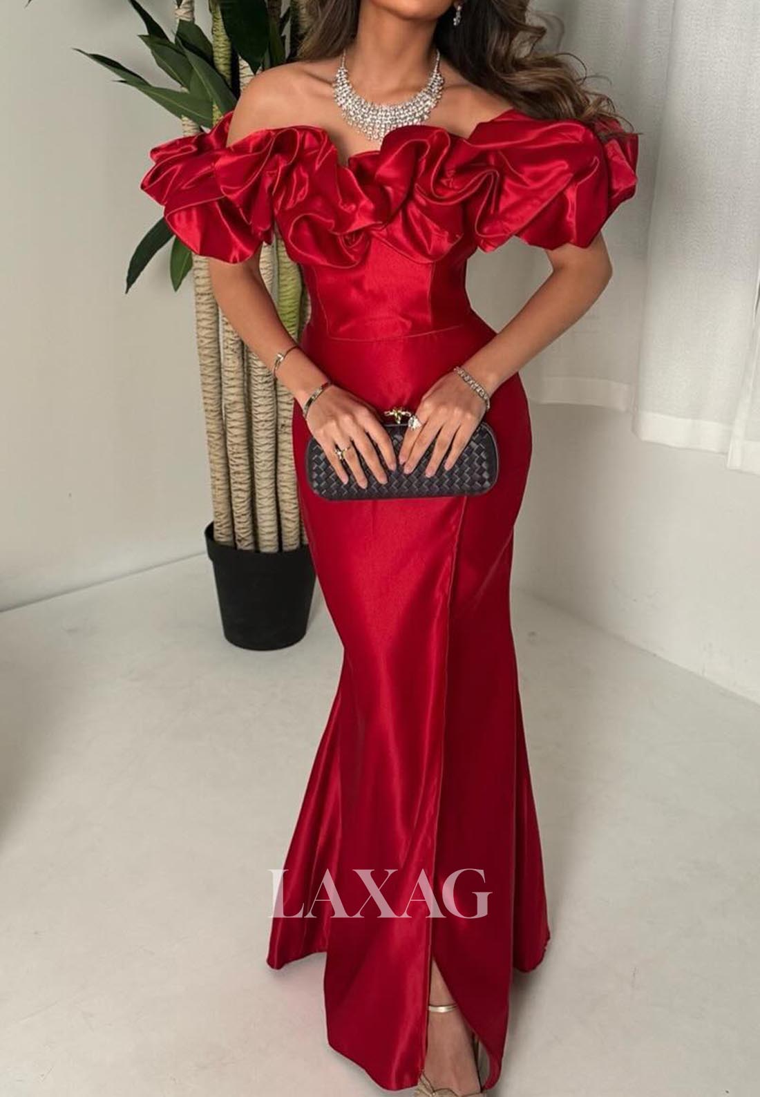 Floral Embellished Tube Top Off-Shoulder Sleeveless Floor-Length Mermaid Evening Dress with Slit