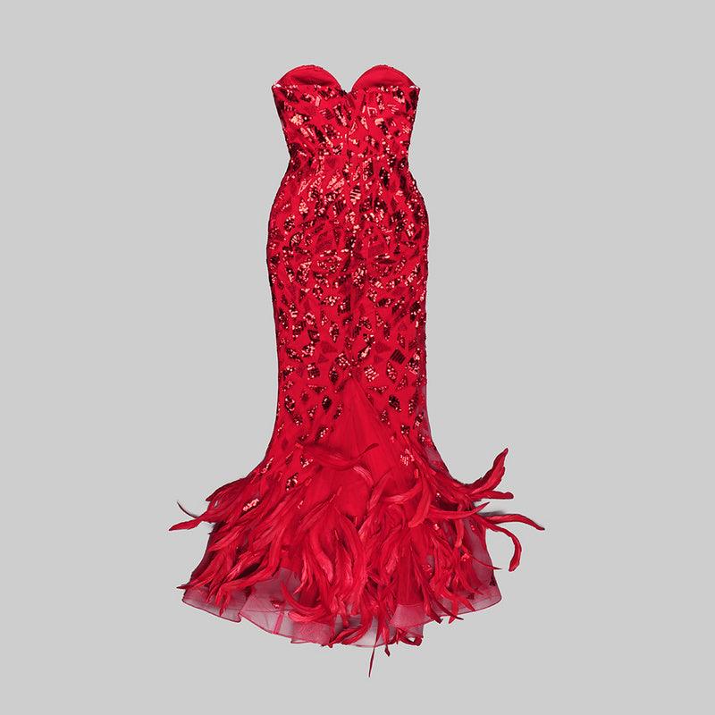 Kitt Strapless Feather Red Mirror Maxi Dress - Fashionpara