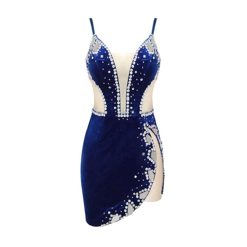 Velvet Strapless Deep V Crystal Trim High Split Mini Dress 3