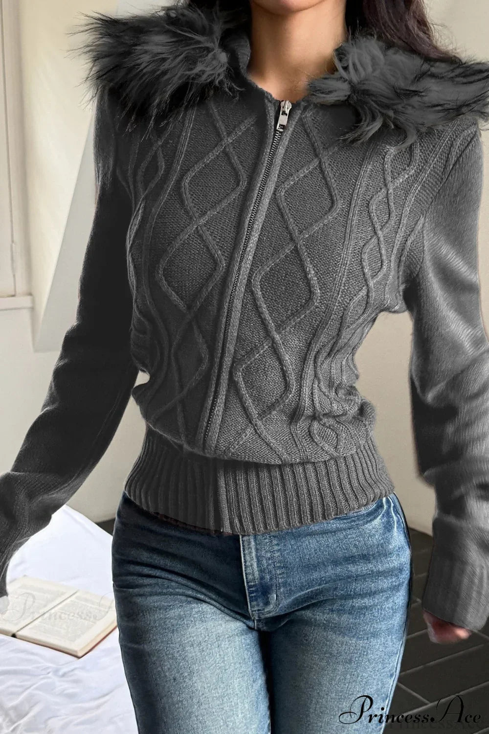 Knitted Fleece Collar Waist-Cinched Zip Hoodie