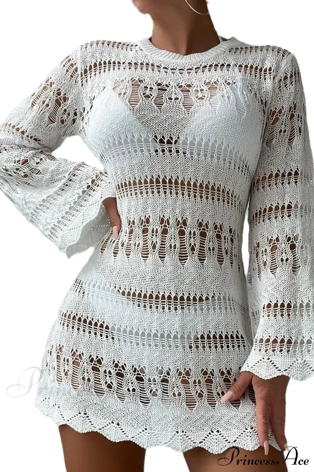 Knitted Hollow Out Sexy Backless Beach Mini Boho Dress Cover-up