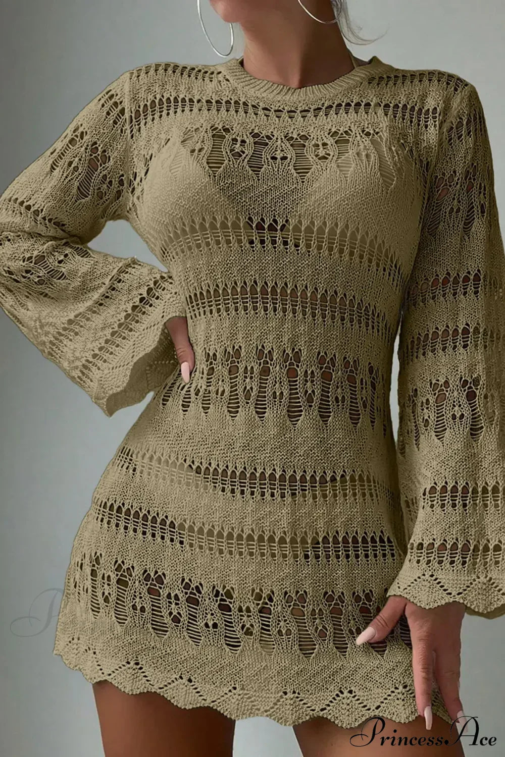 Knitted Hollow Out Sexy Backless Beach Mini Boho Dress Cover-up kahaki / S bohodress-250126