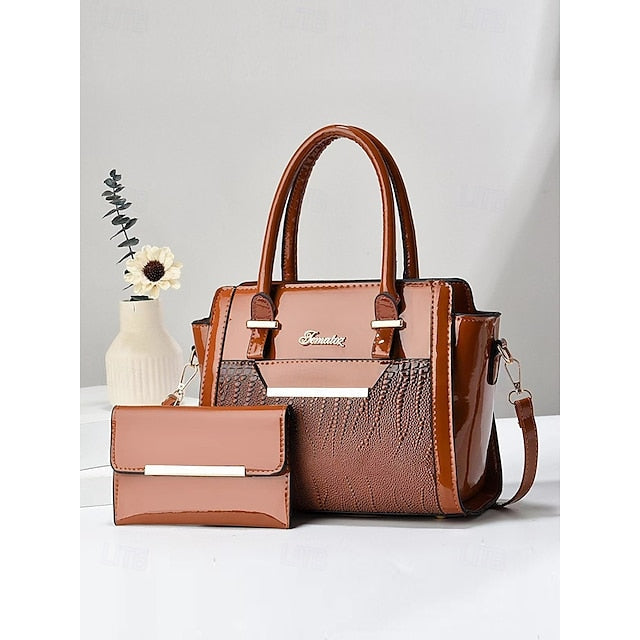 Faux Glossy Patent Handbag Set Leather