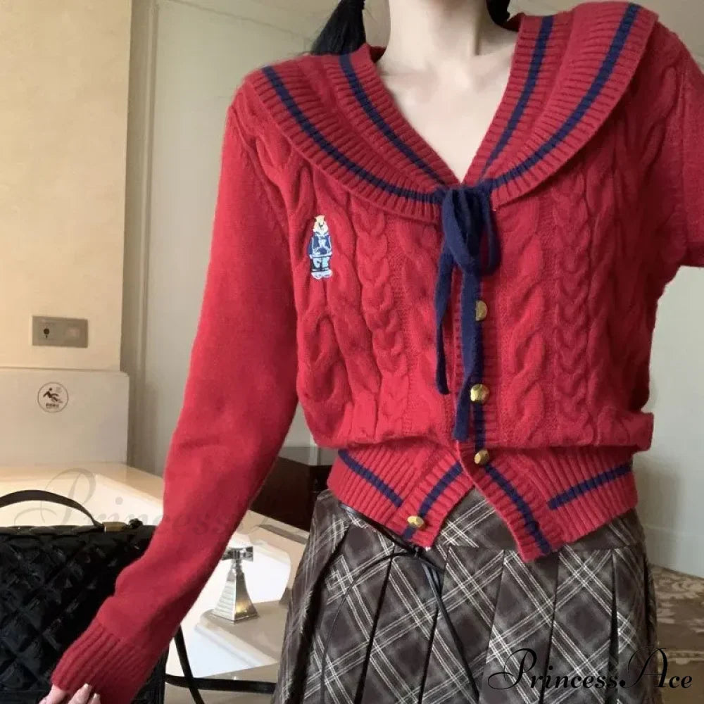 Korean Stylish Drawstring Bow Vintage Red Cardigan Christmas Sweater