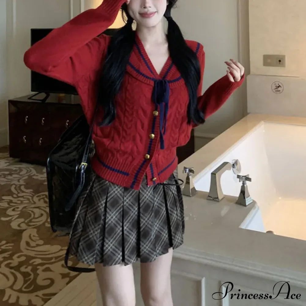 Korean Stylish Drawstring Bow Vintage Red Cardigan Christmas Sweater