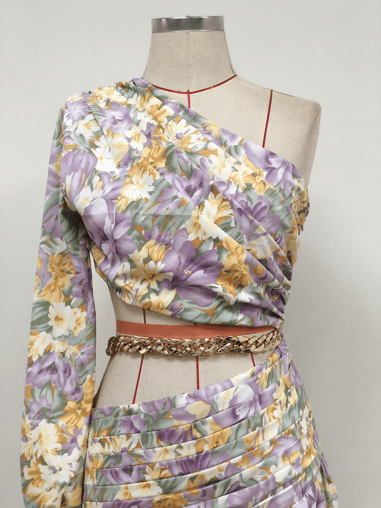 Floral Print One Shoulder Cutout High Slit Gown
