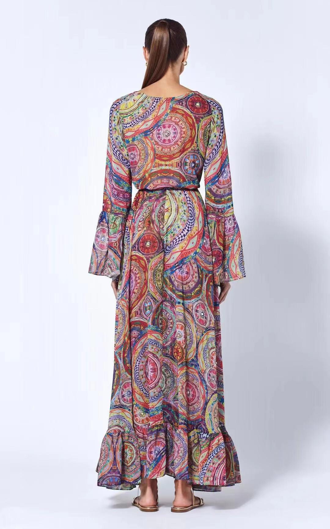 Swirl Print Chiffon V-Neck Long Sleeve Tie Waist Maxi Dress