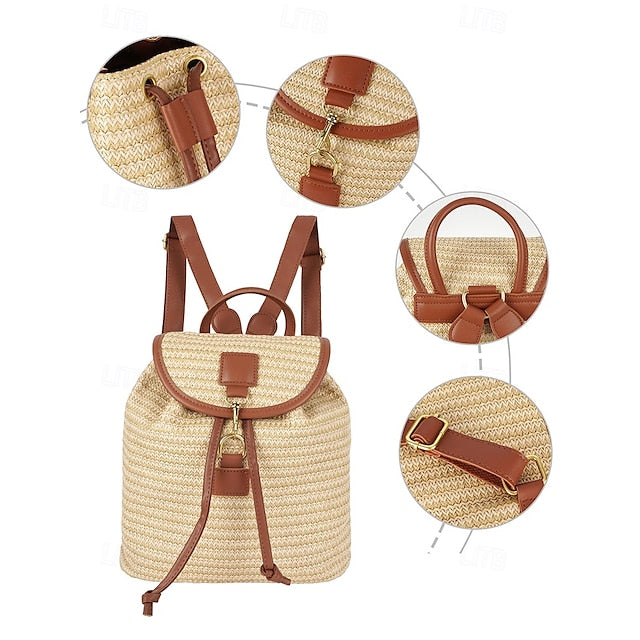 Backpack Straw for Boho Rattan Travel with Woven Bag