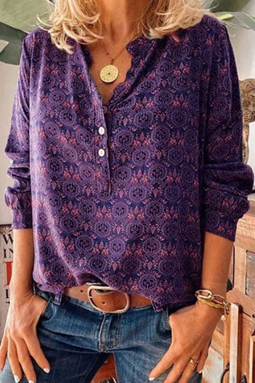 Florcoo Vintage V-Neck Button Print Shirt(3 Colors)