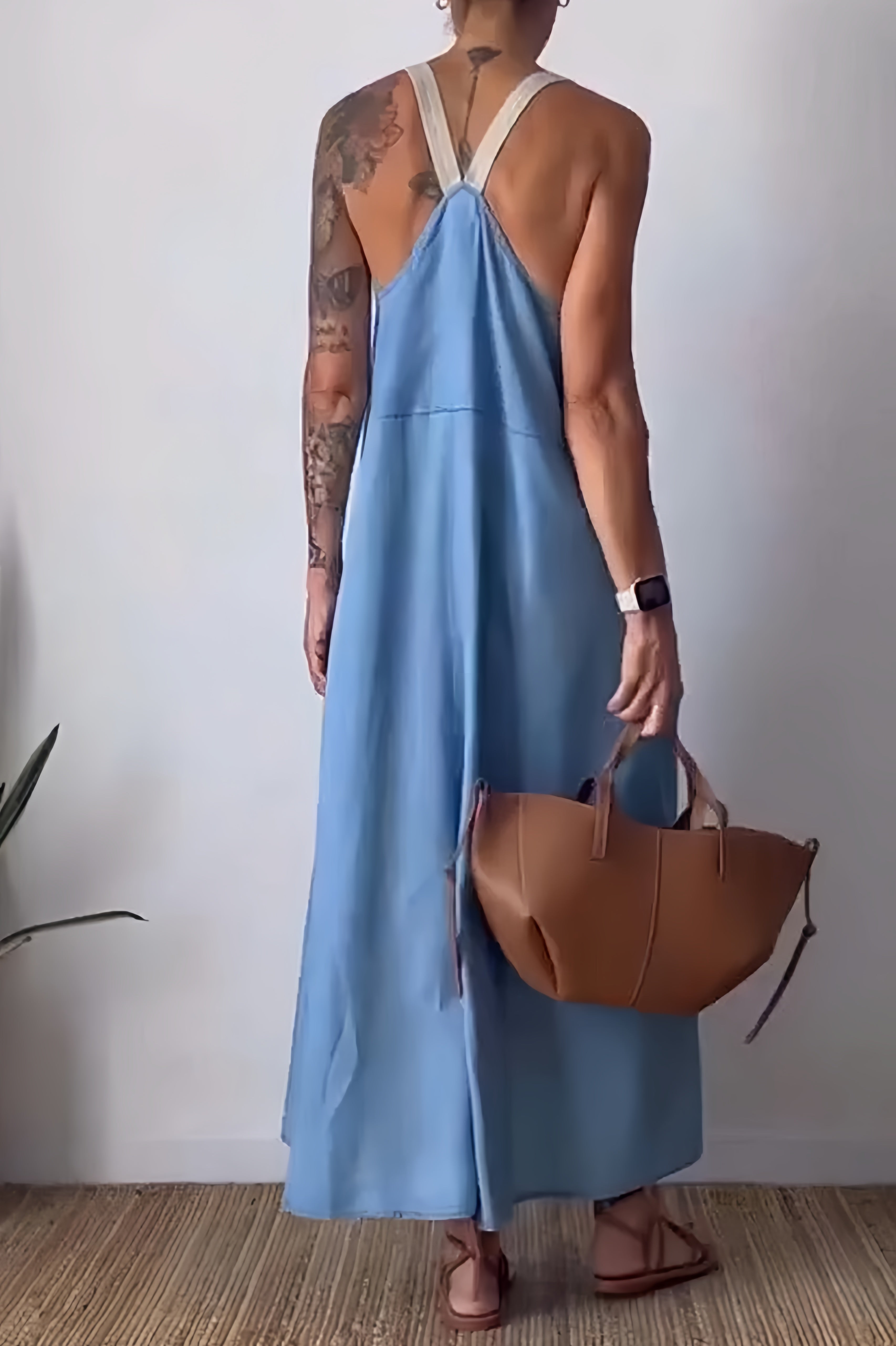 Cotton Linen Solid Pocketed Overall Dress - Fashionpara