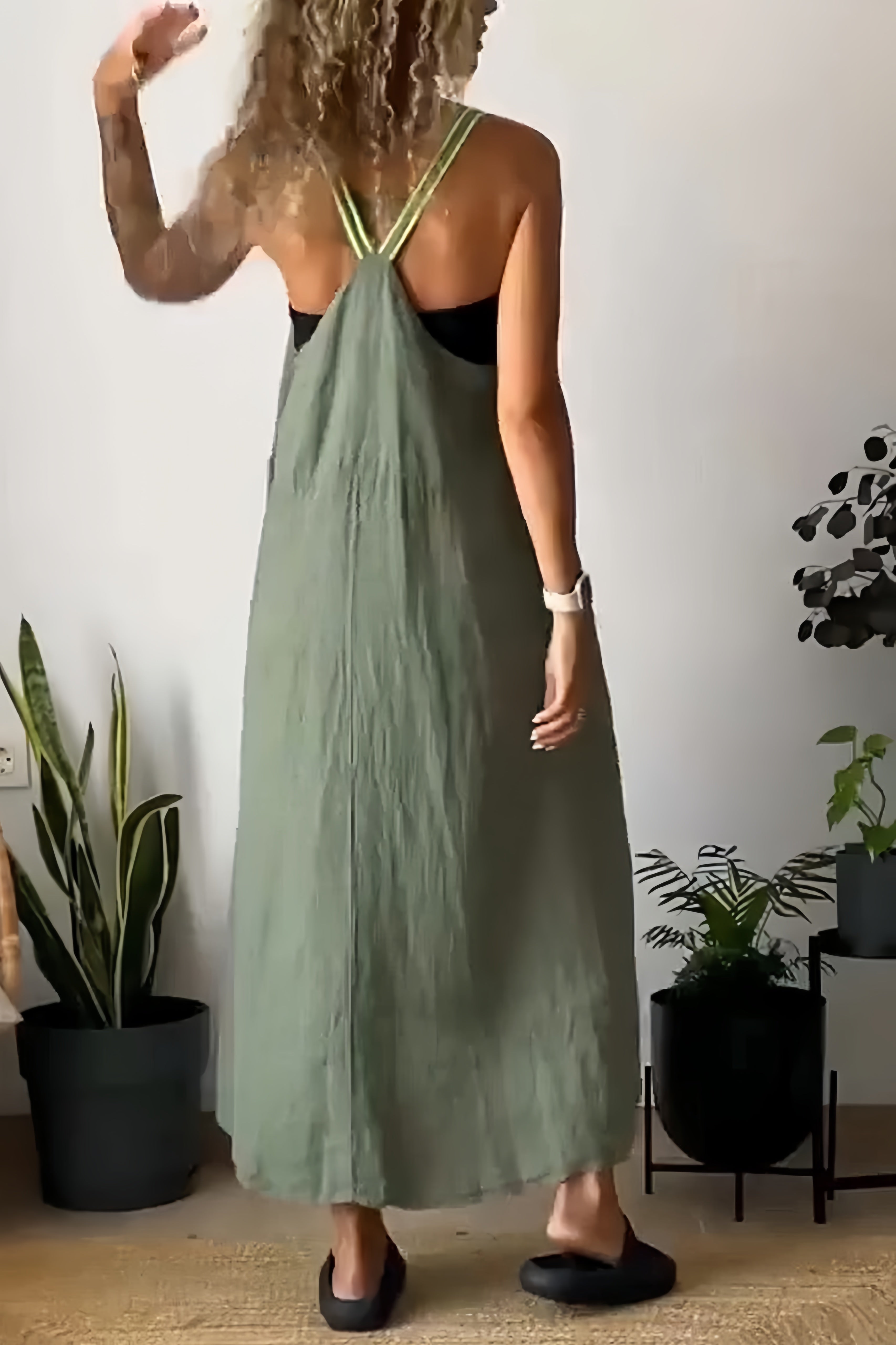 Cotton Linen Solid Pocketed Overall Dress - Fashionpara