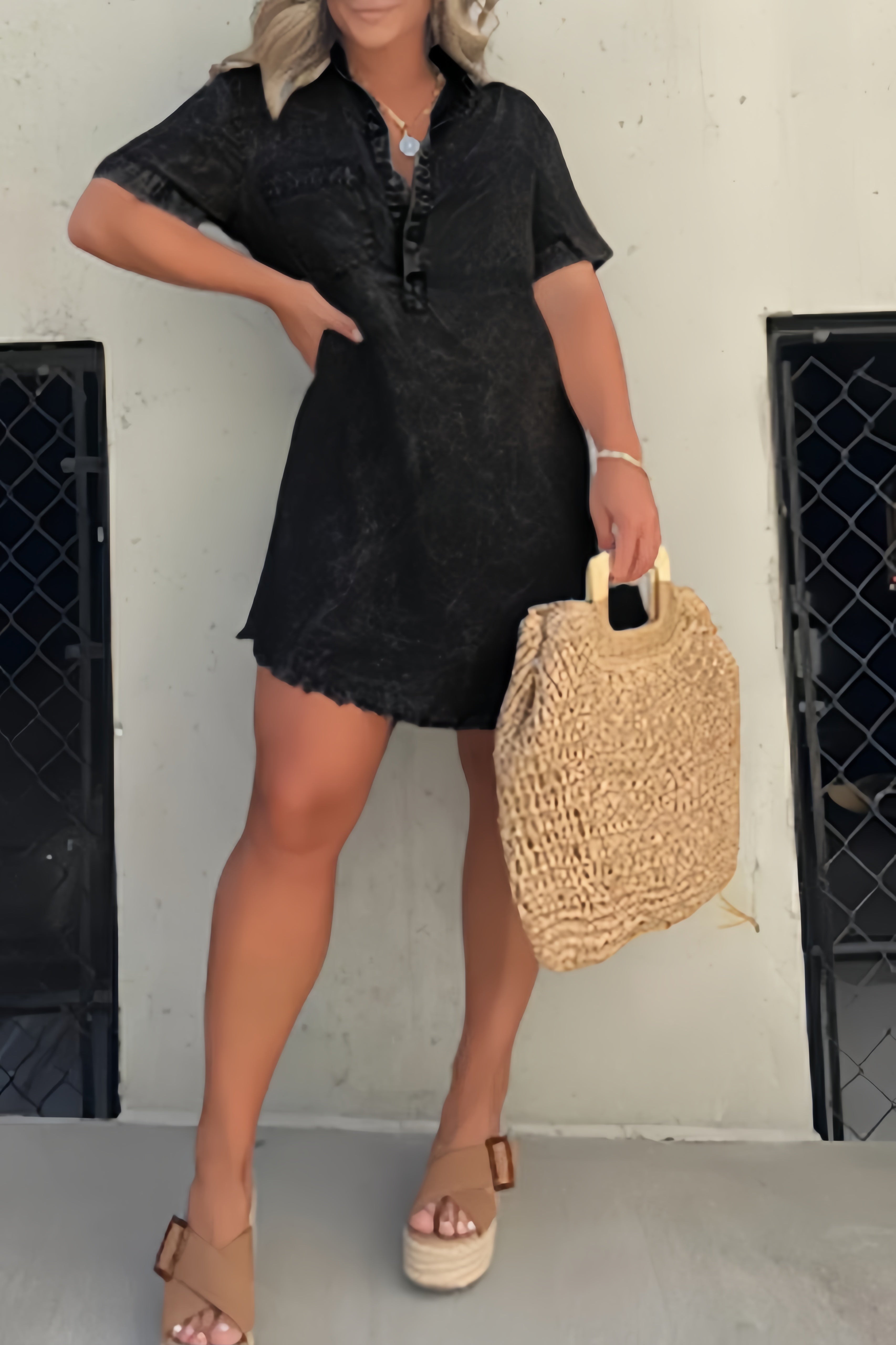 Shirt Collar Raw Edge Denim Dress - Fashionpara