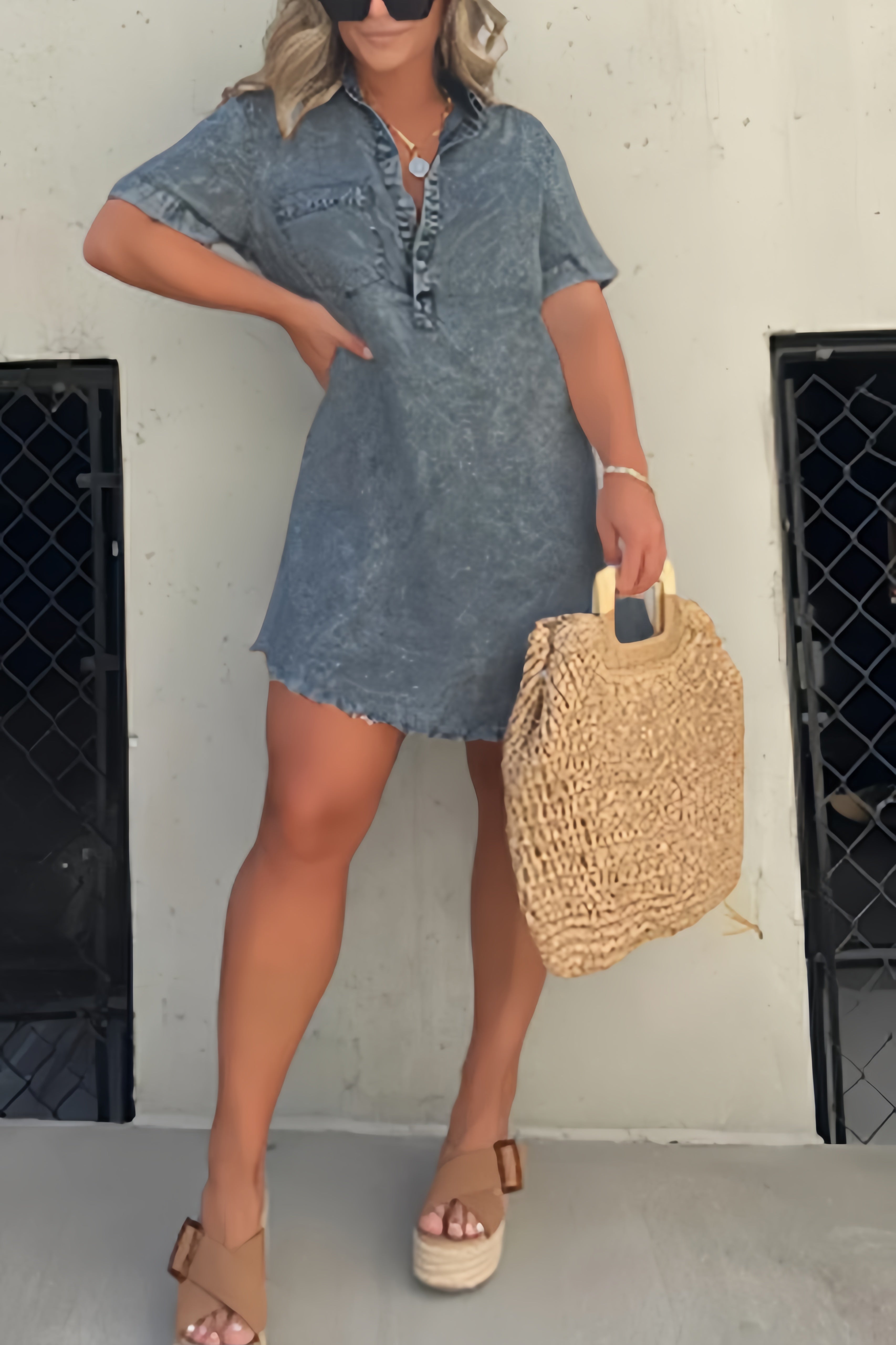 Shirt Collar Raw Edge Denim Dress - Fashionpara