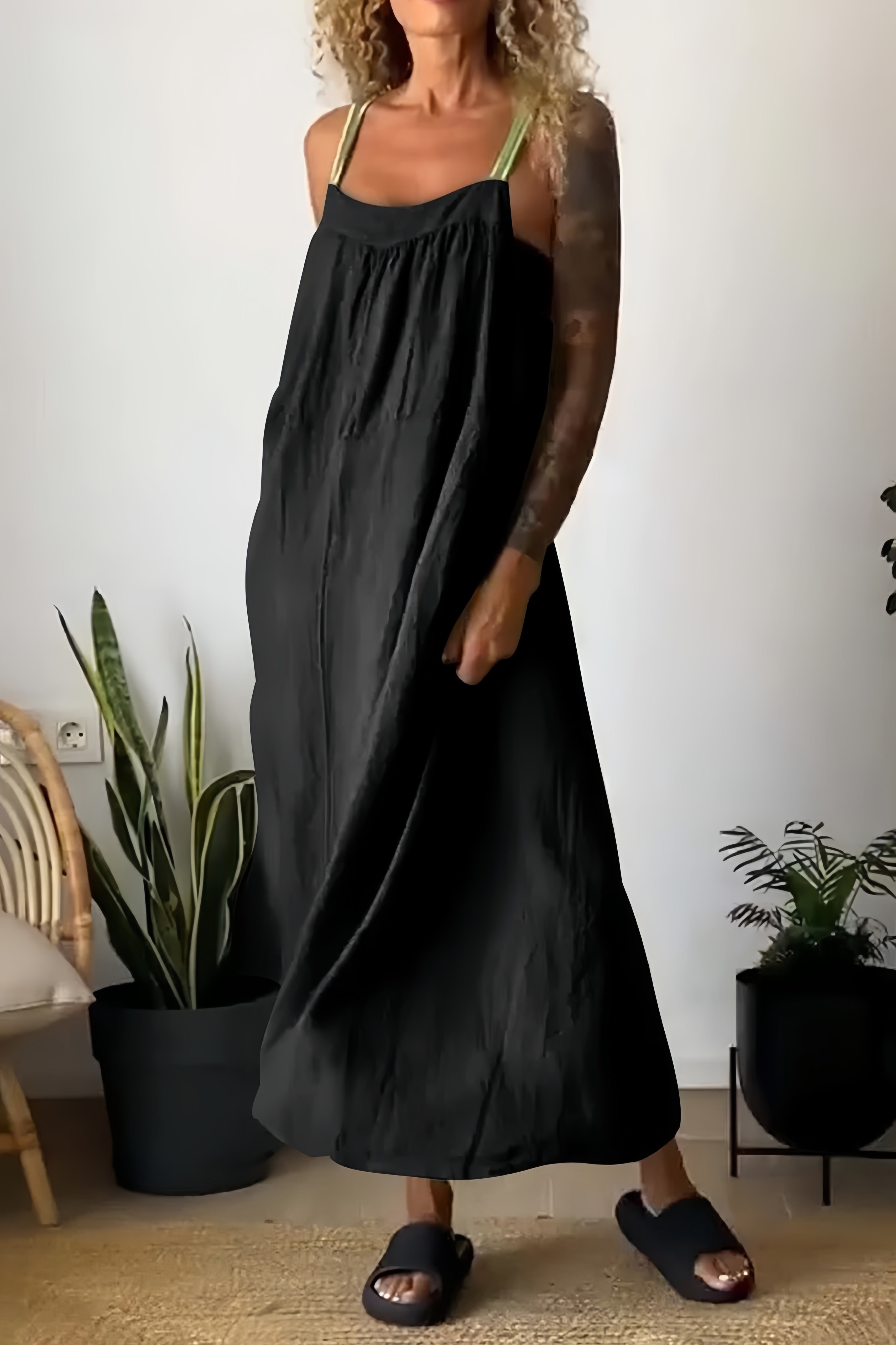 Cotton Linen Solid Pocketed Overall Dress - Fashionpara