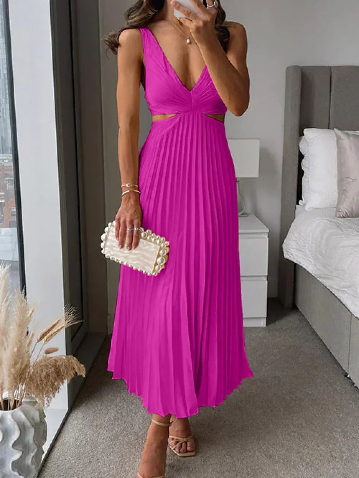 Satin Deep V-Neck Cut Out Ruched Pleated Midi Dress - View 6