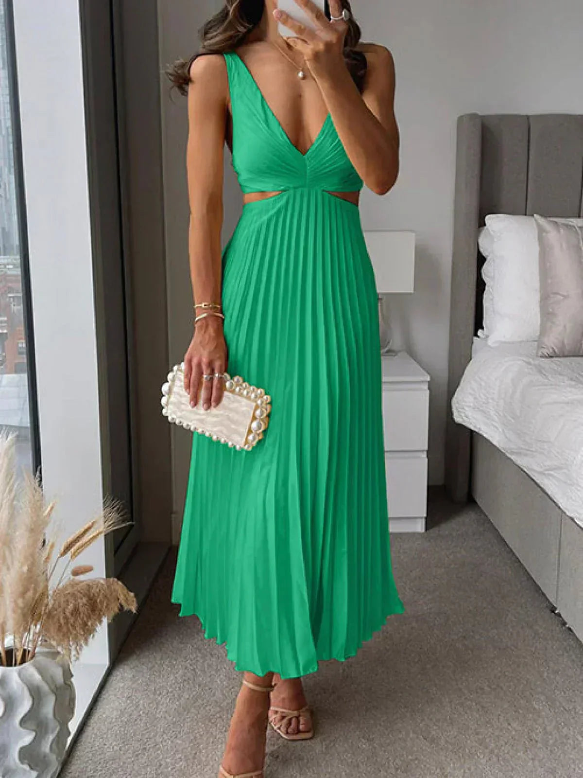 Satin Deep V-Neck Cut Out Ruched Pleated Midi Dress - View 5