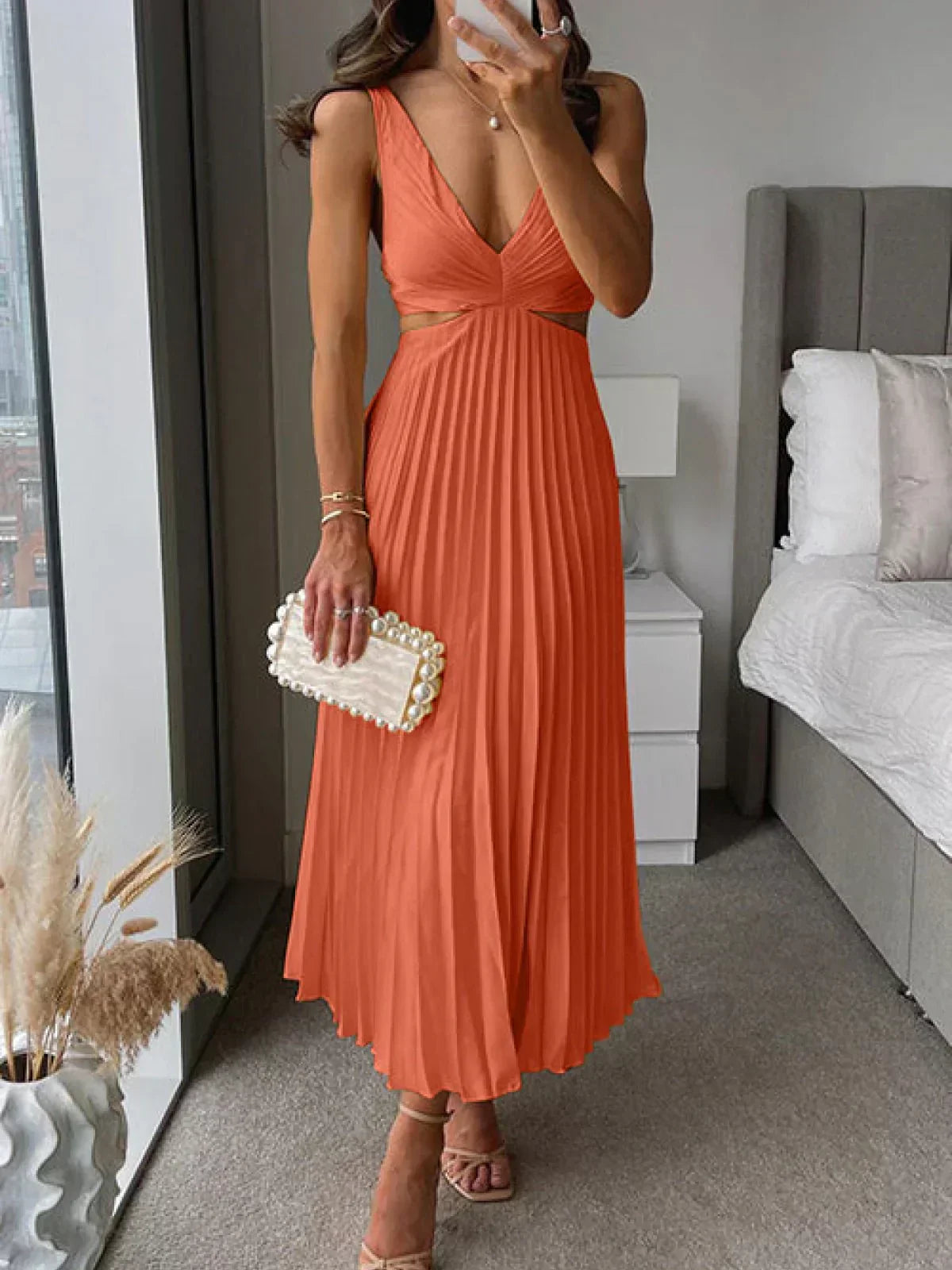 Satin Deep V-Neck Cut Out Ruched Pleated Midi Dress - View 4