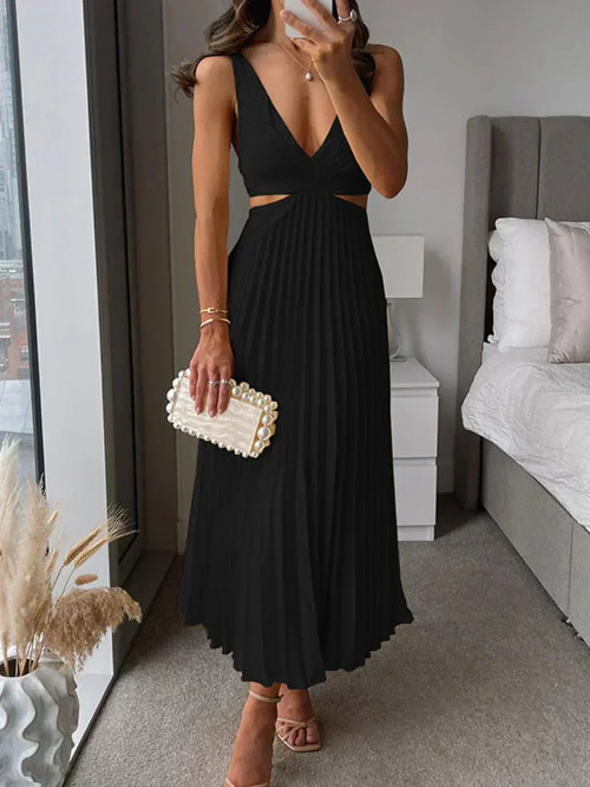 Satin Deep V-Neck Cut Out Ruched Pleated Midi Dress - View 2